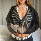 Y2K Rhinestone Skeleton Hoodies Women Gothic Black Zip Up Oversized Sweatshirts Female Retro Harajuku Hooded Jacket Streetwear - Matrix Studios