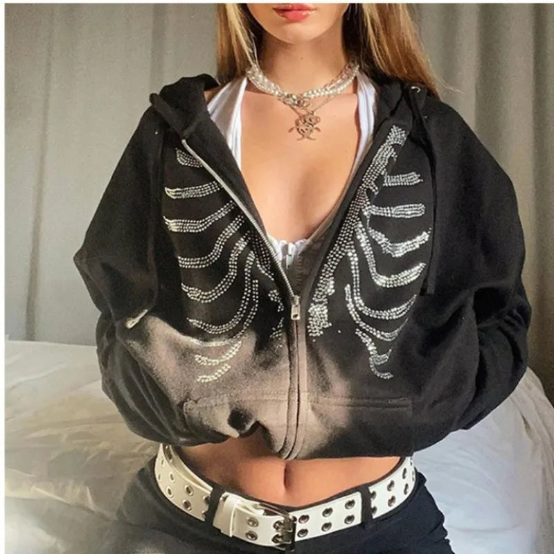 Y2K Rhinestone Skeleton Hoodies Women Gothic Black Zip Up Oversized Sweatshirts Female Retro Harajuku Hooded Jacket Streetwear - Matrix Studios