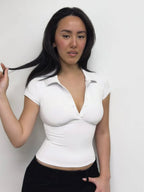 Black Polo Collar T-Shirt Slim Sexy Short-Sleeved Summer Women's Short Top - Matrix-studios.com