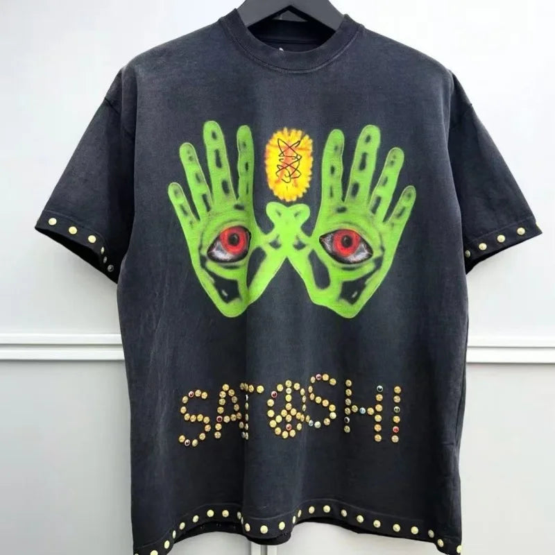 Mens Premium Acid Wash Short Sleeve T-Shirt Satoshi Nakamoto Heavy Dual Side Gold Stud Rhinestone Graphi - Matrix-studios.com