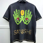 Mens Premium Acid Wash Short Sleeve T-Shirt Satoshi Nakamoto Heavy Dual Side Gold Stud Rhinestone Graphi - Matrix-studios.com