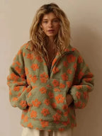 New Autumn Winter Women's Sherpa Floral Casual Pullover Hoodies Half Zip Style Loose Warm Fleece Lining Sweatshirt - Matrix Studios