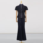 VGH Chic Two Piece Sets for Women Stand Collar Short Sleeves Spliced Pocket Tweed Top High Waist Maxi Skirts Vintage Suit Female - Matrix-studios.com
