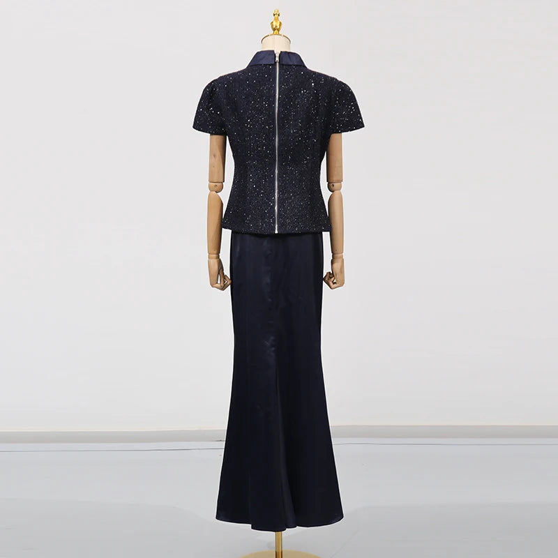 VGH Chic Two Piece Sets for Women Stand Collar Short Sleeves Spliced Pocket Tweed Top High Waist Maxi Skirts Vintage Suit Female - Matrix-studios.com