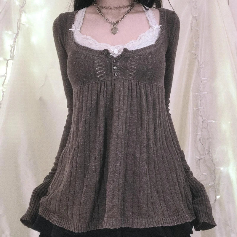 2000s Vintage Long Sleeve Babydoll Knitted Sweater Tops Cottage Milkmaid Pullovers Aesthetic Grunge Y2k Knitwear T-shirts Women - Matrix Studios