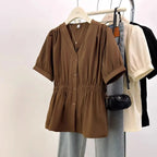 200 Pounds Plus Size Elastic Waist Office Lady Trend Shirt And Blouse Solid Color Top Women Clothing V-neck French Chic Basics - Matrix-studios.com