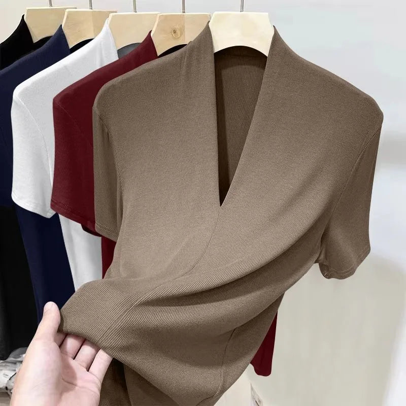 Threaded New Short Sleeved Top for Women Summer Fashion Versatile Base Shirt Plus Size Slim Fit V-neck T-shirt Casual and Sexy - Matrix-studios.com