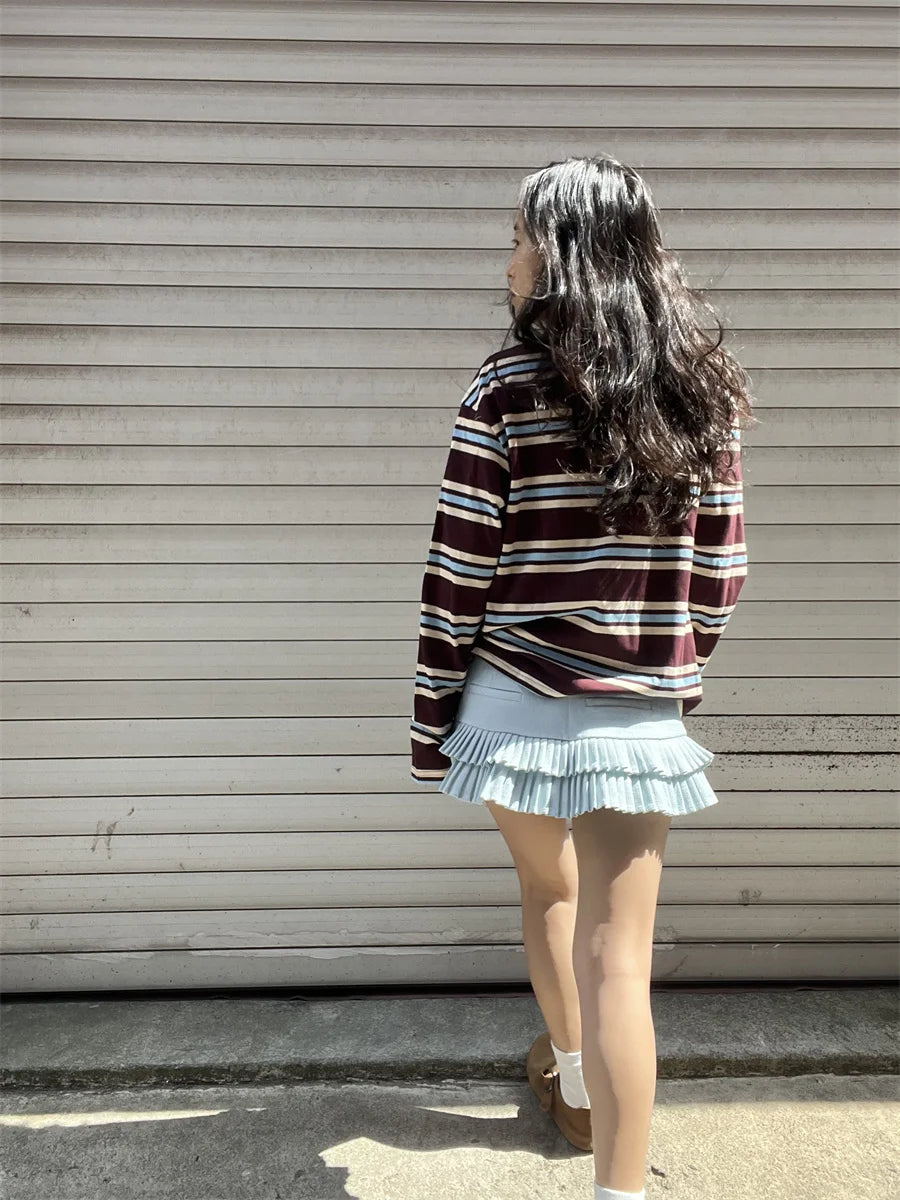 Summer Polo Shirts Woman Long Sleeve Crop Top Color Block Green Stripe Print Polo Shirts Mujer Casual Tops Striped Brown Autumn - Matrix-studios.com