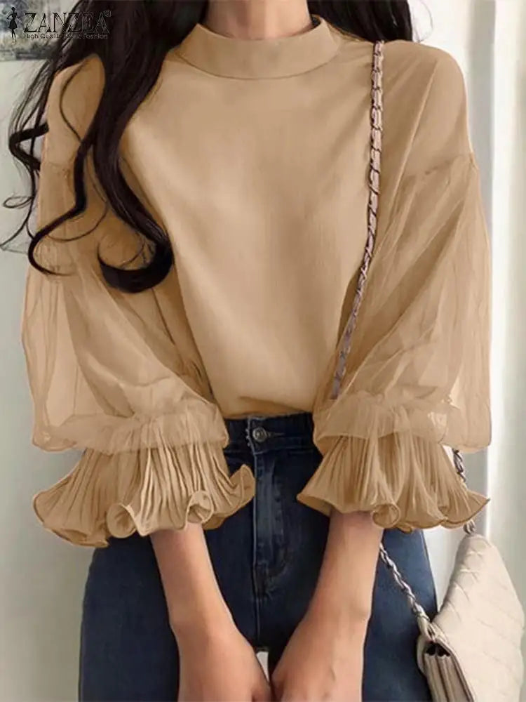 ZANZEA Women Elegant Party Blouse Vintage Mesh Ruffle 3/4 Sleeve Tops 2024 Autumn Stand Collar Shirts Korean Version Loose Tunic - Matrix-studios.com