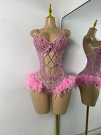 Luxury Women Sexy Shiny Crystal Feathers Hollow Out Bodysuit Nightclub Performance Dance Costume Nightclub Singer Stage Wear - Matrix Studios