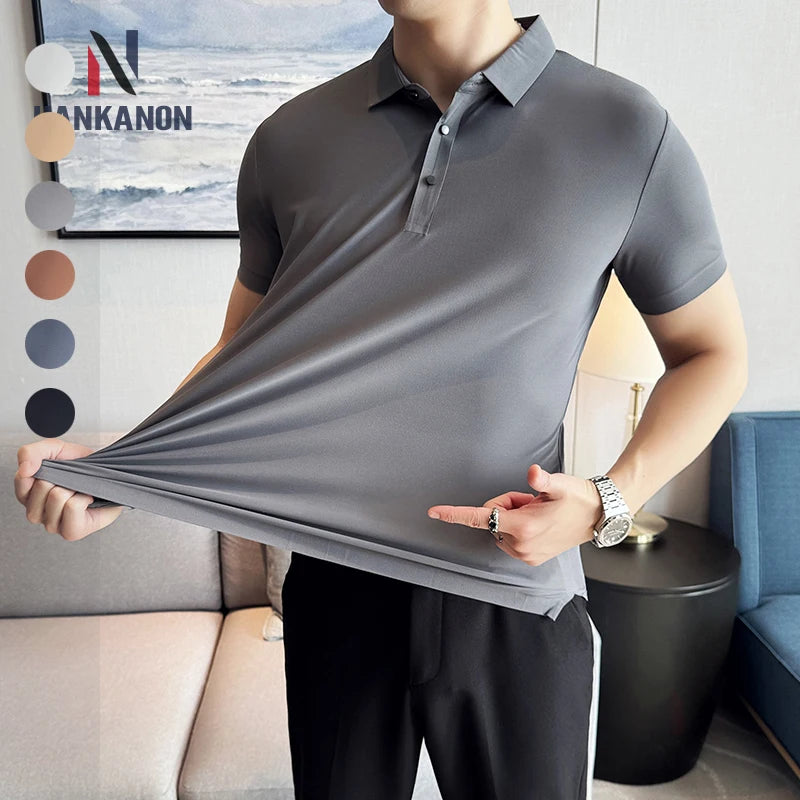 Ice Silk High Elastic Seamless T-shirt ,Summer Thin Polo Shirt, Solid Color Polo Collar Short Sleeve Brown Top, Business Leisure - Matrix-studios.com