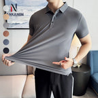 Ice Silk High Elastic Seamless T-shirt ,Summer Thin Polo Shirt, Solid Color Polo Collar Short Sleeve Brown Top, Business Leisure - Matrix-studios.com