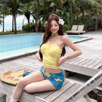 French Drawstring Blue Floral Tube Top Women Separate Swimwear Set Coastal Summer Vacation Beach Holiday Swimsuit for Girl - Matrix-studios.com
