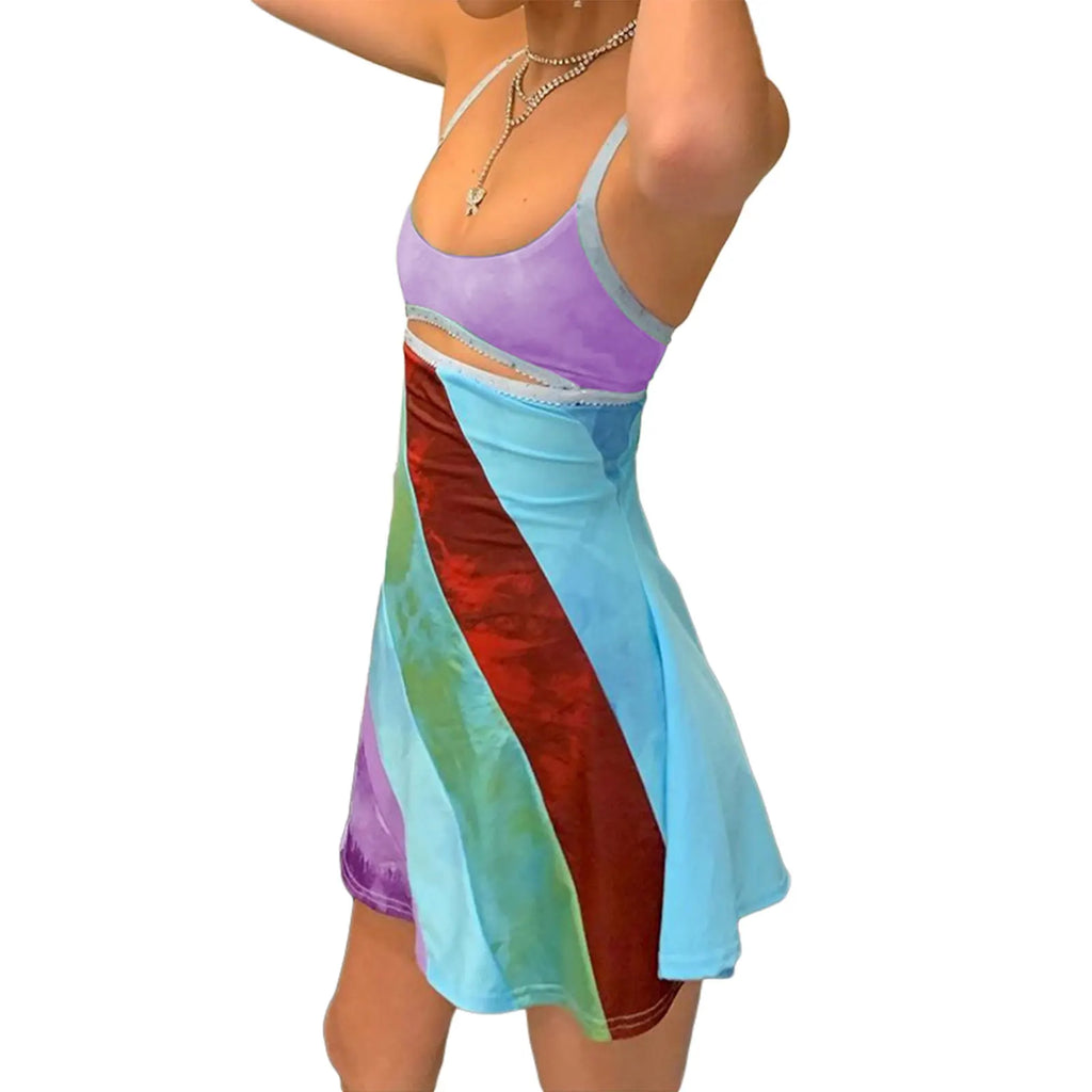 2024 New Women’s Casual Sweet Suspender A-line Dress Fashion Contrast Color U-neck Hollow Short Dress - Matrix-studios.com