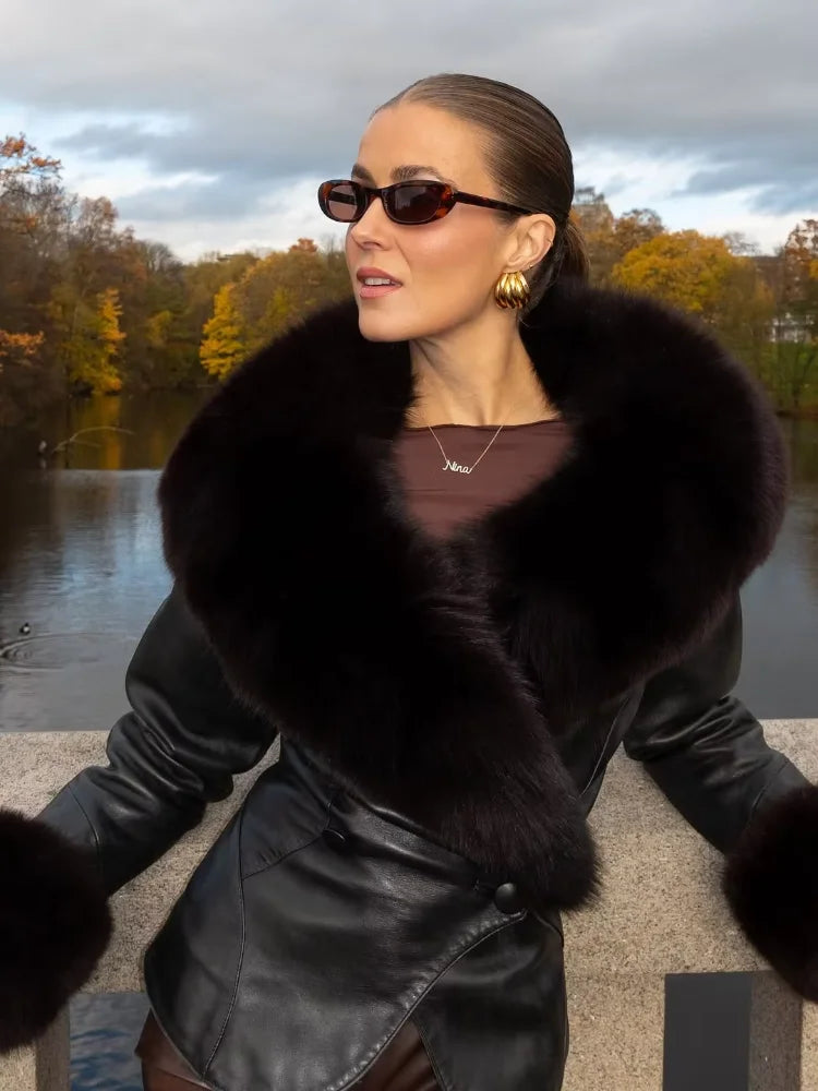 Black Fur Collar Leather Jacket Women Chic Solid Full Sleeves Waist Cinching V-neck Short Coat 2026 Lady High Street Outerwear - Matrix Studios