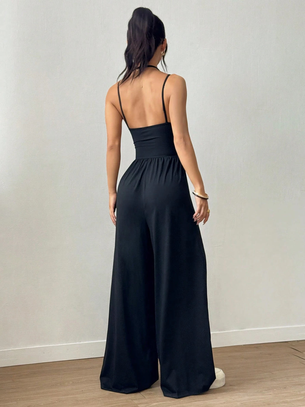Women's Casual Solid Color Pleating Loose Straight Jumpsuit A-line Backless Halter Neck Slim Cami Jumpsuit Streetwear 2025 - Matrix Studios