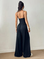 Women's Casual Solid Color Pleating Loose Straight Jumpsuit A-line Backless Halter Neck Slim Cami Jumpsuit Streetwear 2025 - Matrix Studios