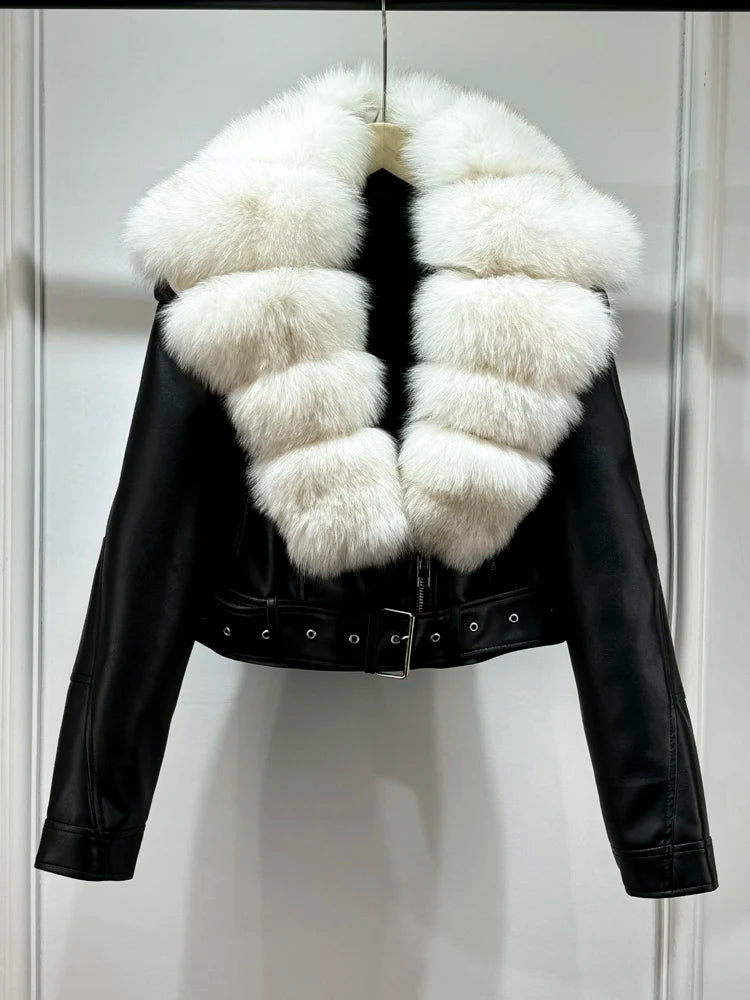 Lagabogy 2024 Big Real Fox Fur Women Vintage Pu Faux Leather Short Jacket With Belt Streetwear Female Zipper Retro Coat Outwear - Matrix Studios