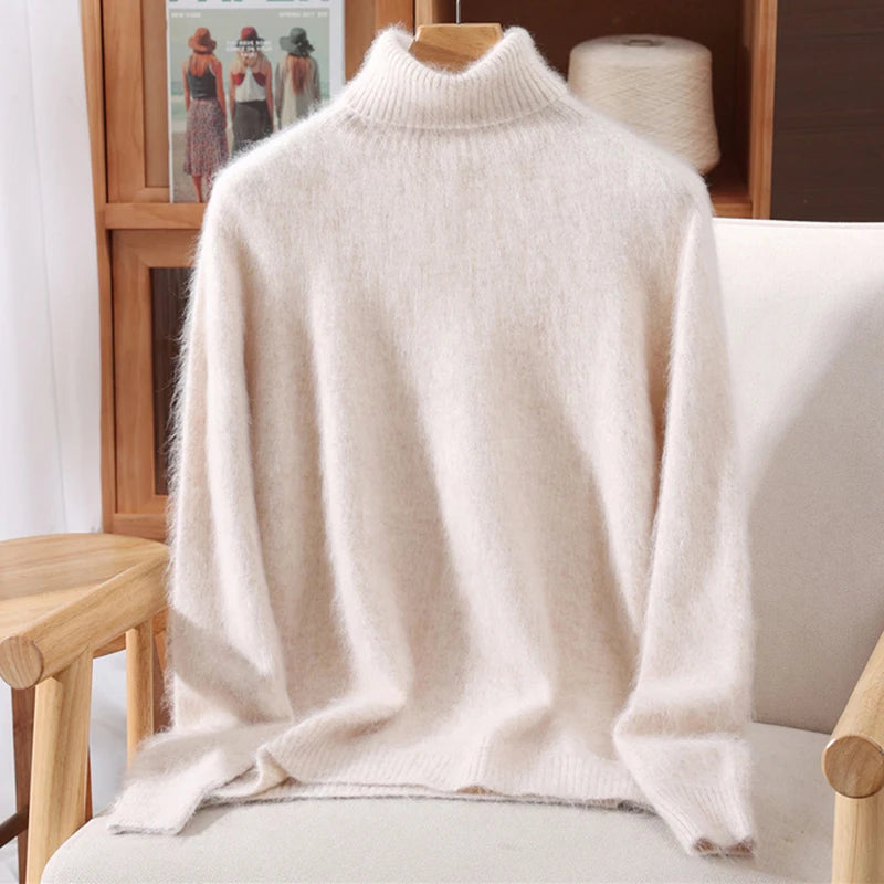 Autumn And Winter New 100% Mink Cashmere Sweater Ladies' High Lapel Solid Color Padded Pullover Wool Knitted Bottoming Shirt - Matrix Studios