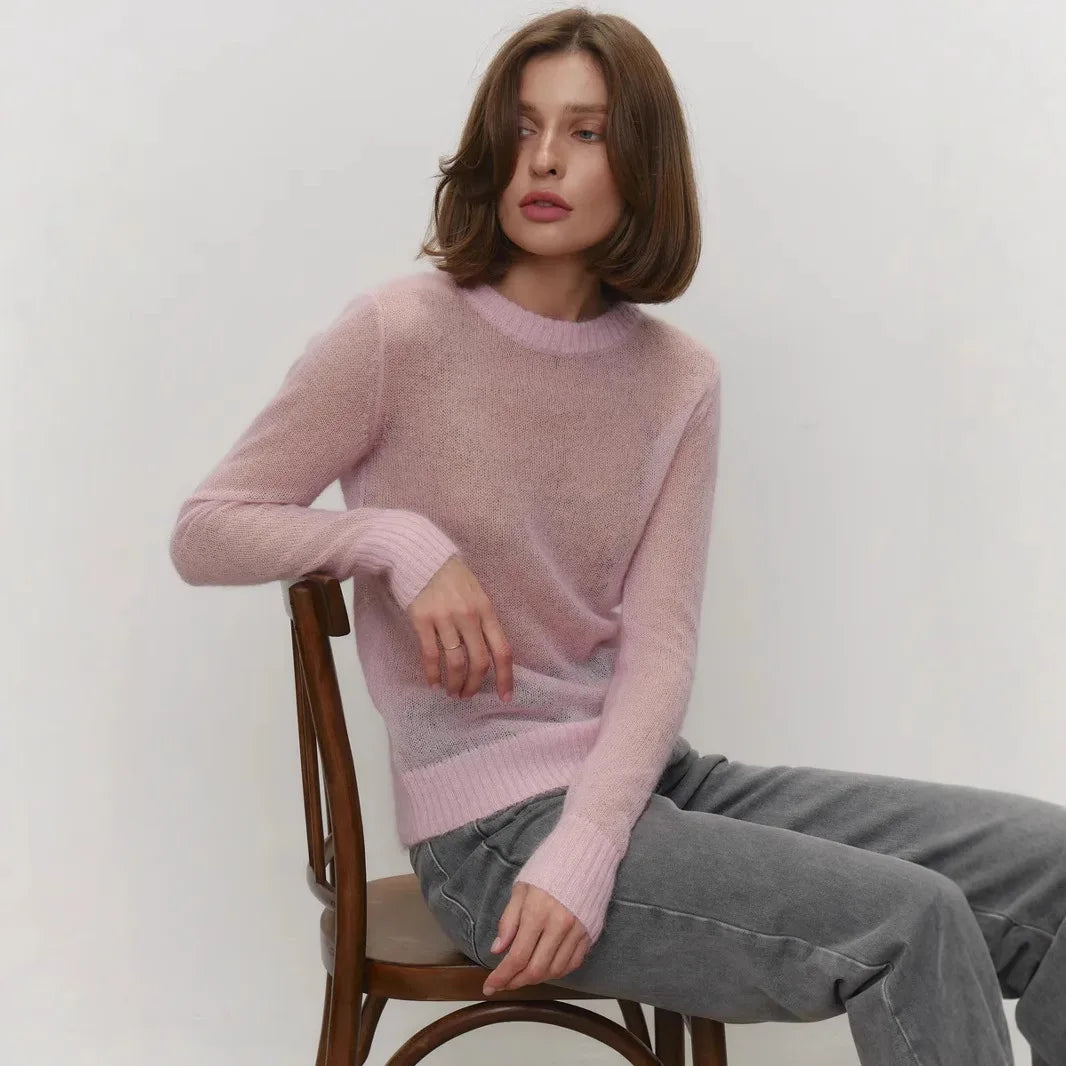 Classic Mohair Knitted Sweater Top Spring and Summer Women's Fashion Micro Perspective Cool Loose Elastic O-neck Knitted Shirt - Matrix Studios