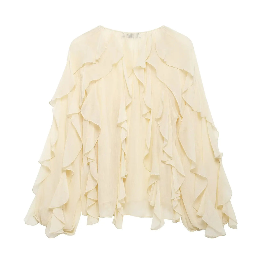 DUOPERI Women Fashion Solid Ruffled Blouse Vintage V-Neck Long Sleeves Female Chic Lady Shirts - Matrix-studios.com