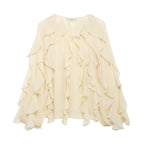 DUOPERI Women Fashion Solid Ruffled Blouse Vintage V-Neck Long Sleeves Female Chic Lady Shirts - Matrix-studios.com