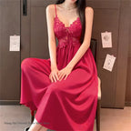Elegant Female Long Robe Set Nightgown Silky Ice Silk Sleepwear Homewear SEXY Hollow Out Lace Nightdress Lingerie Loungewear - Matrix-studios.com