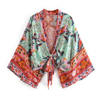 Happie Queens Floral Print Sashes Short  Kimono Women Fashion V Neck Batwing Sleeves Robe Lady Boho Bikini Cover-ups - Matrix Studios