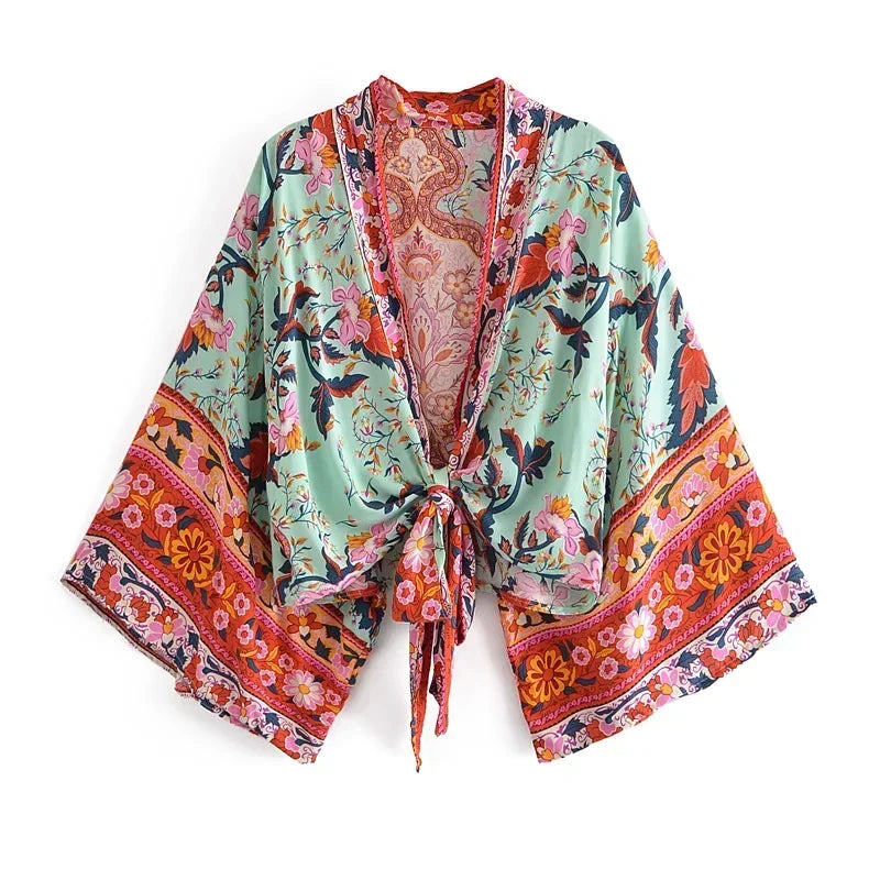 Happie Queens Floral Print Sashes Short  Kimono Women Fashion V Neck Batwing Sleeves Robe Lady Boho Bikini Cover-ups - Matrix Studios
