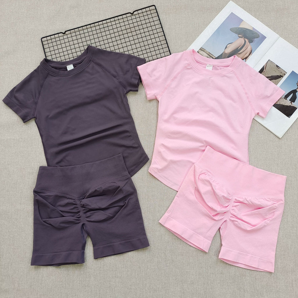 Women's Summer 2 Piece Yoga Outfit Slim Fit Short Sleeve Top High Waist Tummy Lifting Butt Shaping Shorts for Gym Running Daily - Matrix-studios.com
