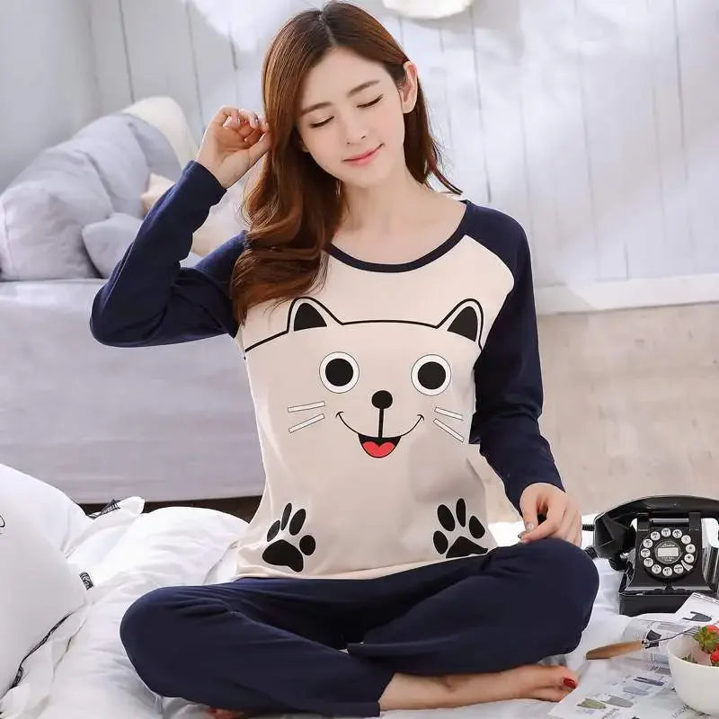 Autumn Thin 2pieces Pyjamas Set Women 2025 Round Neck Girls Bear Pajamas Sets Teacup Cat Full Sleepwear Tops lovers Pajama Mujer - Matrix-studios.com