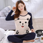 Autumn Thin 2pieces Pyjamas Set Women 2025 Round Neck Girls Bear Pajamas Sets Teacup Cat Full Sleepwear Tops lovers Pajama Mujer - Matrix-studios.com