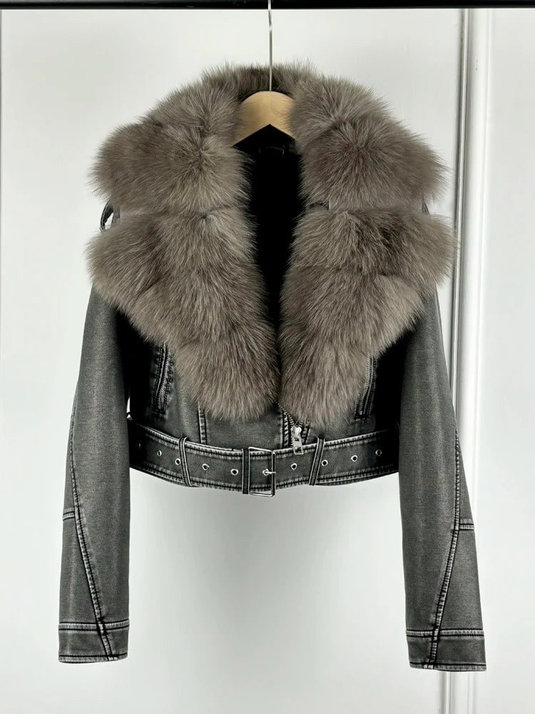 Lagabogy 2024 Big Real Fox Fur Women Vintage Pu Faux Leather Short Jacket With Belt Streetwear Female Zipper Retro Coat Outwear - Matrix Studios