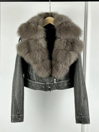 Lagabogy 2024 Big Real Fox Fur Women Vintage Pu Faux Leather Short Jacket With Belt Streetwear Female Zipper Retro Coat Outwear - Matrix Studios