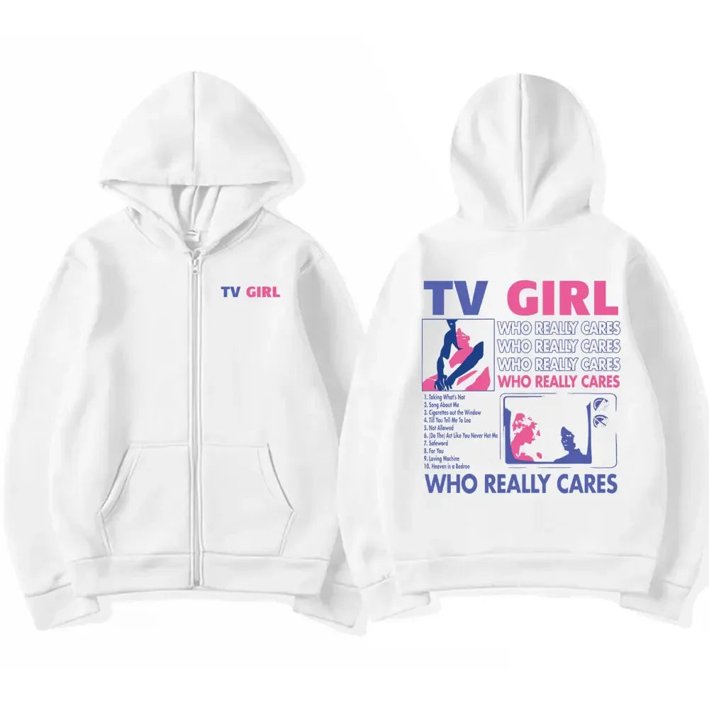 Men Women TV Girl Who Really Cares Graphic Print Zipper Hoodie Fashion Casual Oversized Jacket Fleece Long Sleeve Sweatshirts - Matrix Studios