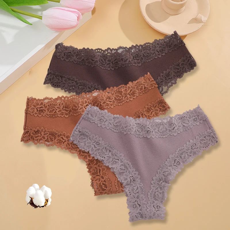 3PCS/Set Women Sexy Lace Panties Cotton Seamless Brazilian Panties Female Sexy Low Rise Soft Underwear G-String Lingerie S-XL - Matrix Studios
