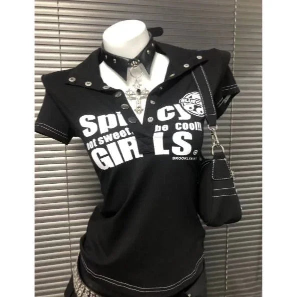 Y2K Japanese Streetwear Polo Shirt Women Slim Crop Tee 2025 White Short Sleeve Tops Letter Badge Houndstooth Vintage Harajuku - Matrix-studios.com