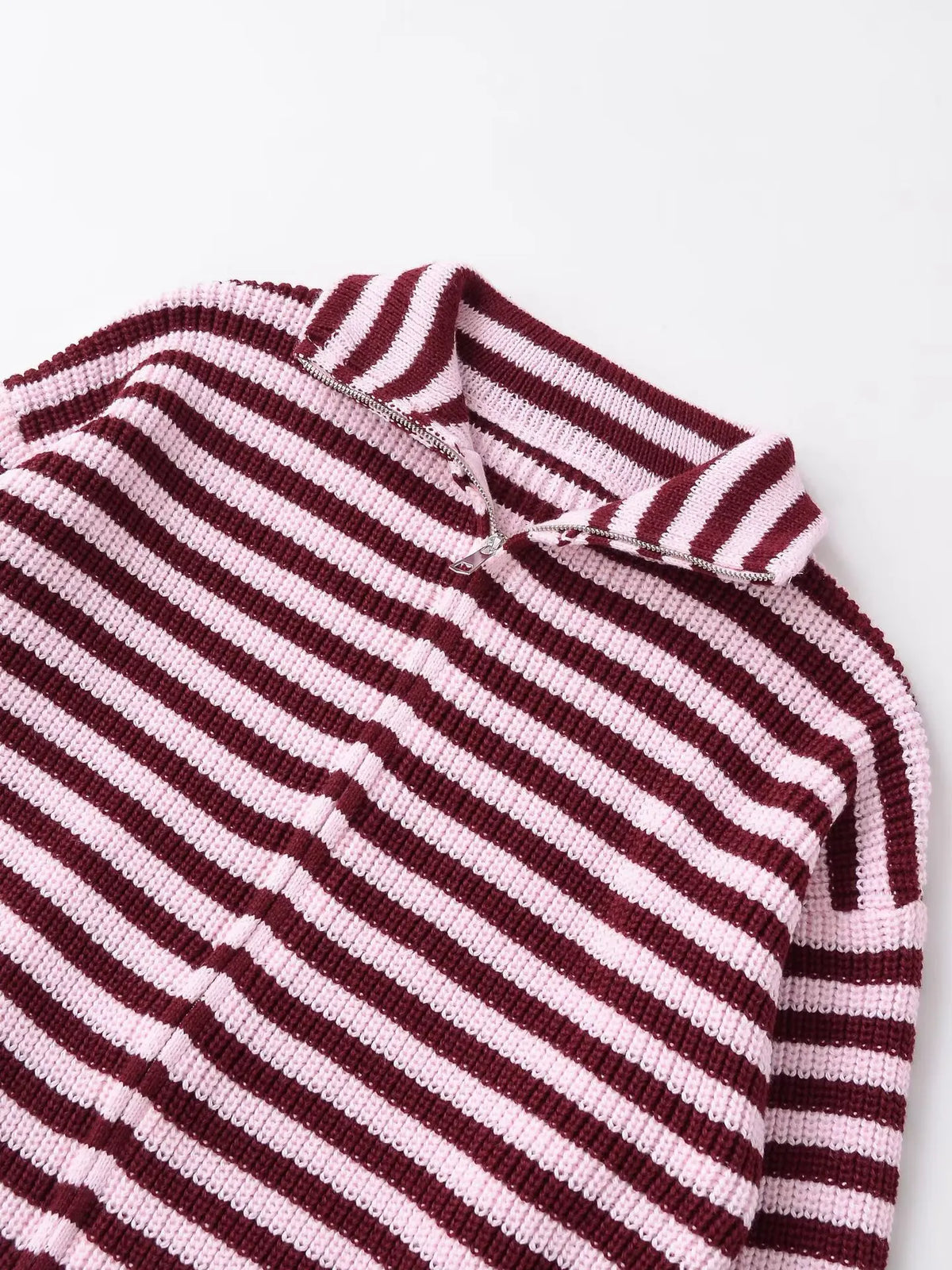 2026 New Spring Striped Loose Knit Cardigans Women Casual Turtleneck Zip-up Pink Sweater Coat Women Knitwear Streetwear - Matrix Studios