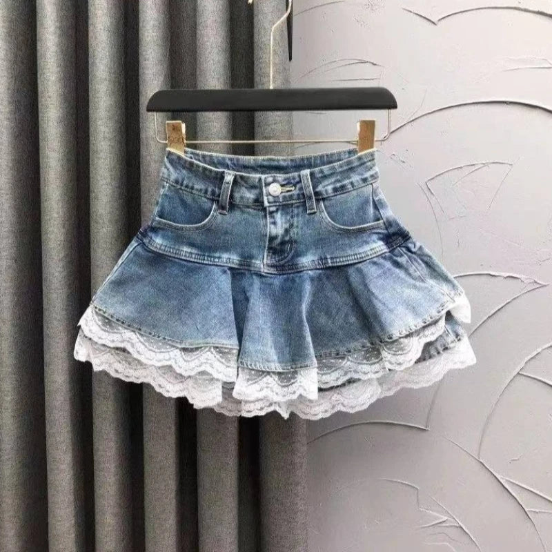 Women's Blue Black Riveted Belt Denim Skirt Y2K Harajuku High Street Fashion 90s Sexy A-line Mini Skirt Summer Clothing 2026 New - Matrix-studios.com