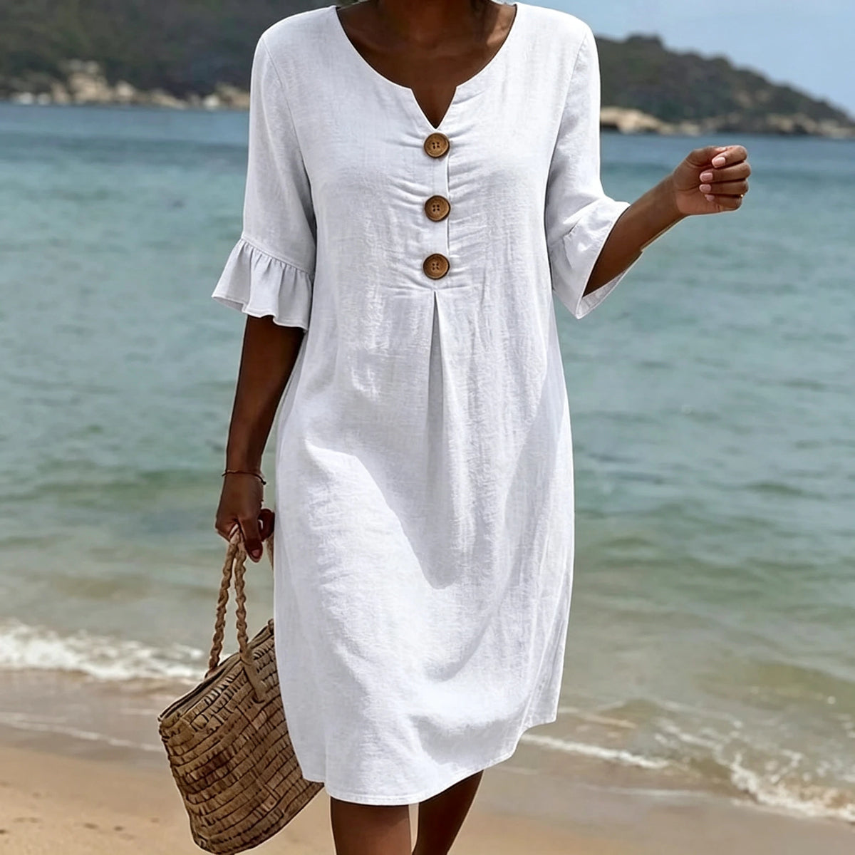 2026 Amazon European and American Cross-Border Spring and Summer New Cotton and Linen V-Neck Dress with Large Buttons and Ruffle - Matrix-studios.com