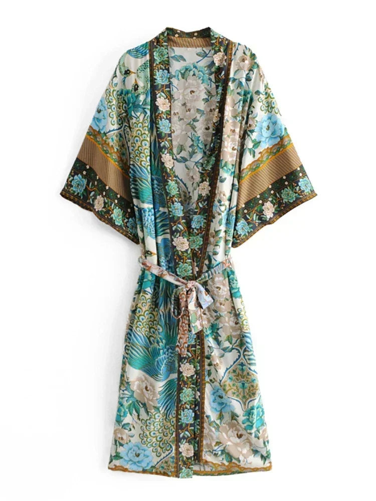 Peacock Floral Print Bat Sleeve Beach Bohemian Kimono Robe for Women Ladies Beachwear Summer Dress Bikini Boho Cover-ups - Matrix Studios