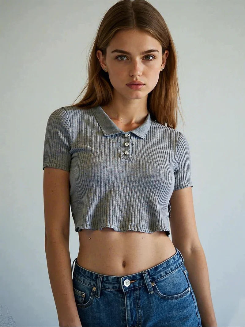 Preppy Knit Polo Neck Crop Top Women Summer Short Sleeve T-shirt Youthful Solid Color Female Basic Blouse Lady Pullover - Matrix-studios.com