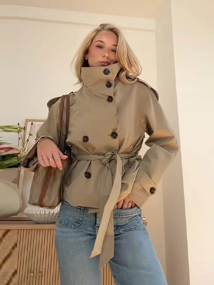 Belted Waist Cropped Trench Jackets Women Double Breasted Stand Collar Coats 2025 Autumn Chic Casual Vintage Jacket Women Cloth - Matrix-studios.com