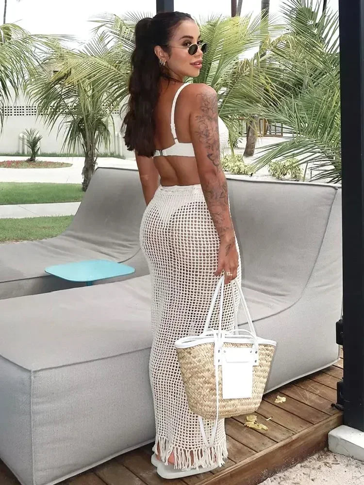 Sexy Summer Knit Cut Out Beach Half Skirt Women Chic Drawstring Fringed Casual Wrap Skirts 2026 Pool Party Swimwear Cover Up K50 - Matrix Studios
