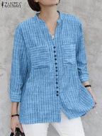 ZANZEA Women Vintage Striped Blouse Summer 3/4 Sleeve Loose Shirt Fashion V-Neck Button Up Tops Elegant Blusas Femme Tunic Mujer - Matrix-studios.com