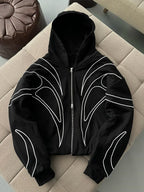 Street Retro Fashion Clothing Striped Embroidered Black Double Zipper Hoodie American Hip-hop Punk Oversized Sweatshirt Women - Matrix Studios