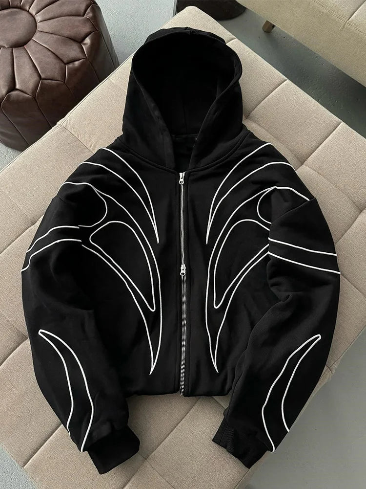 Street Retro Fashion Clothing Striped Embroidered Black Double Zipper Hoodie American Hip-hop Punk Oversized Sweatshirt Women - Matrix Studios