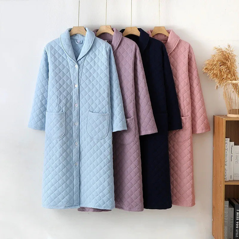 Autumn Winter Women Warm Cotton with Filler Robe Ladies Bathrobe Female Long Sleeve Dressing Gown Robes Simple Home Clothes - Matrix-studios.com