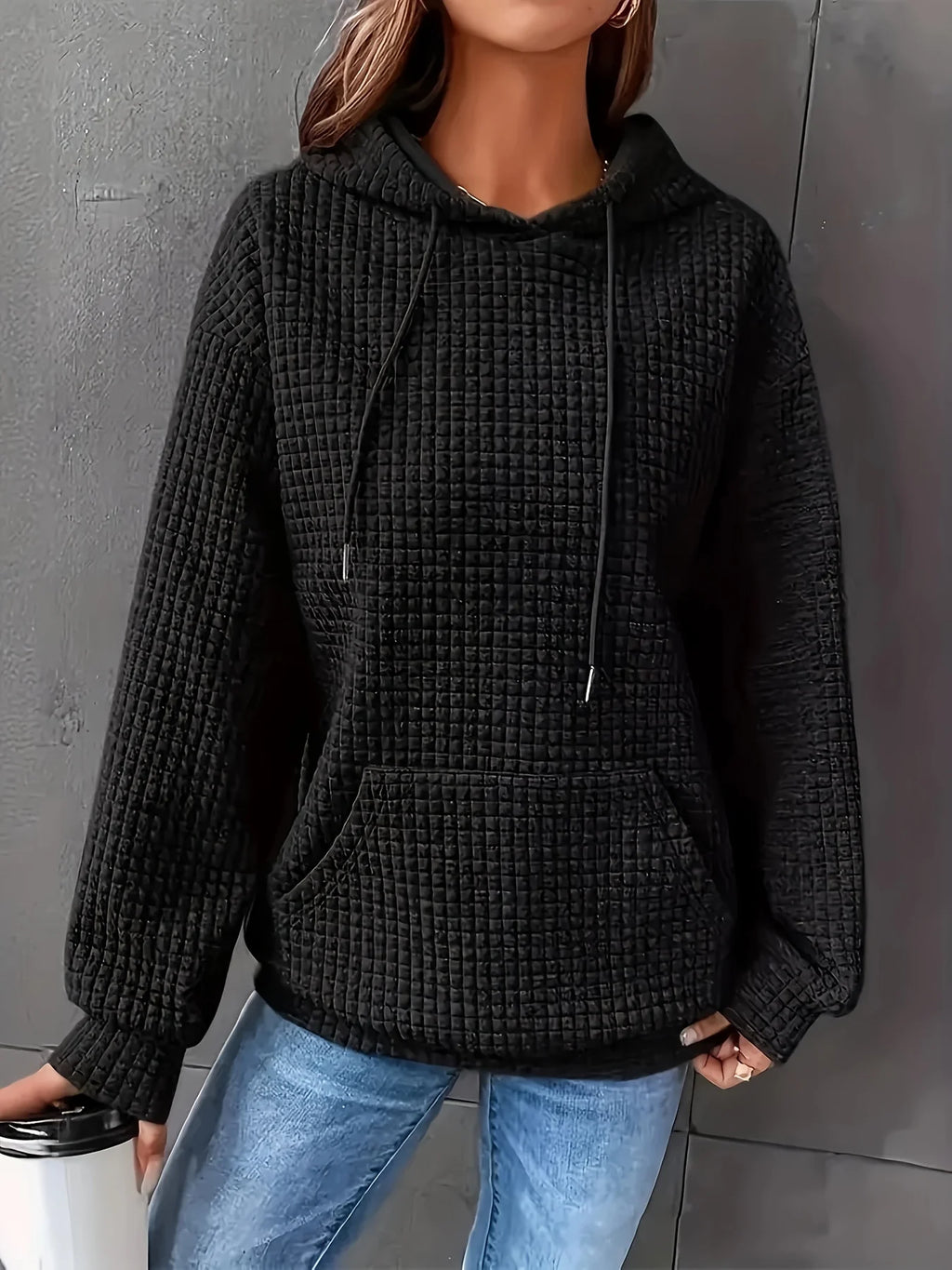 Women Short Length Waffle Knit Hoodie Solid Black Drawstring Pullover Sweatshirt Front Kangaroo Pocket Long Sleeve Casual Tops - Matrix Studios