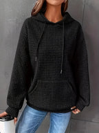 Women Short Length Waffle Knit Hoodie Solid Black Drawstring Pullover Sweatshirt Front Kangaroo Pocket Long Sleeve Casual Tops - Matrix Studios